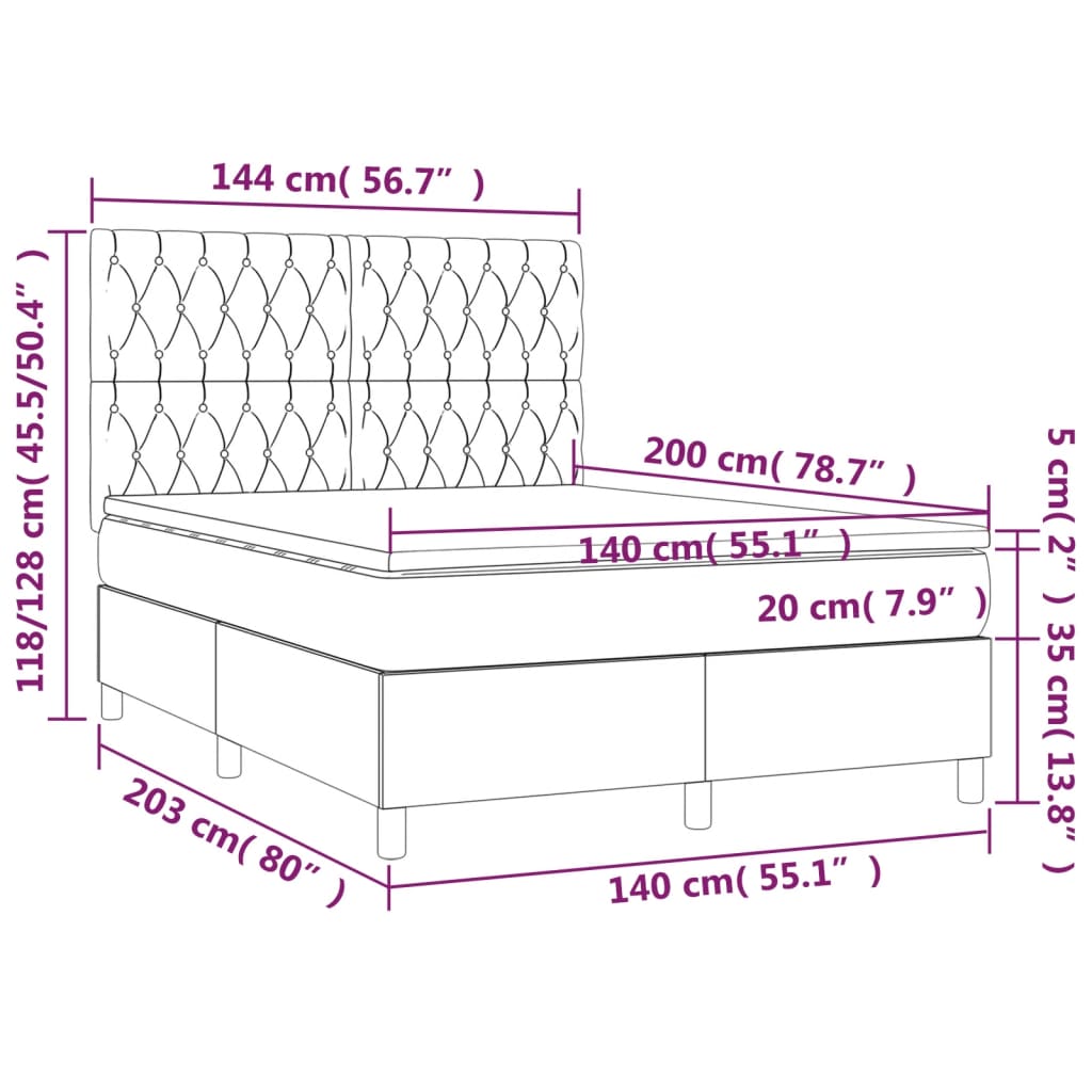 Cama box spring c/ colchão/LED 140x200 cm veludo verde-escuro