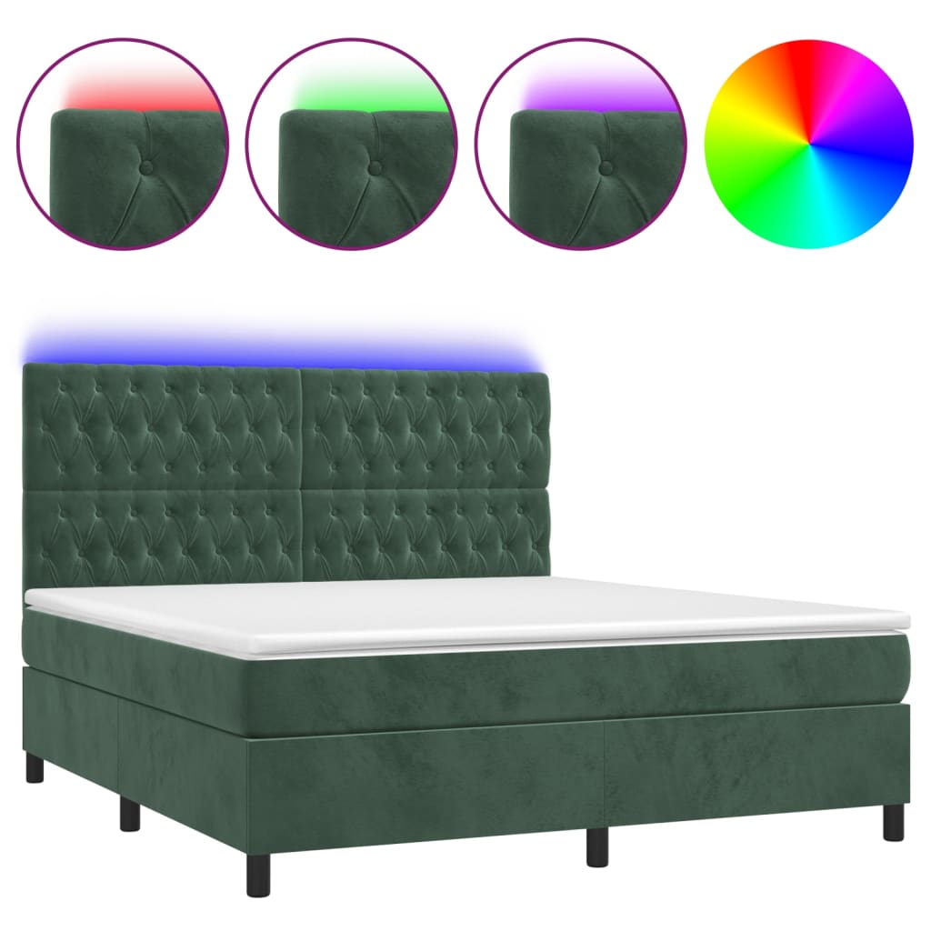 Cama box spring c/ colchão/LED 160x200 cm veludo verde-escuro