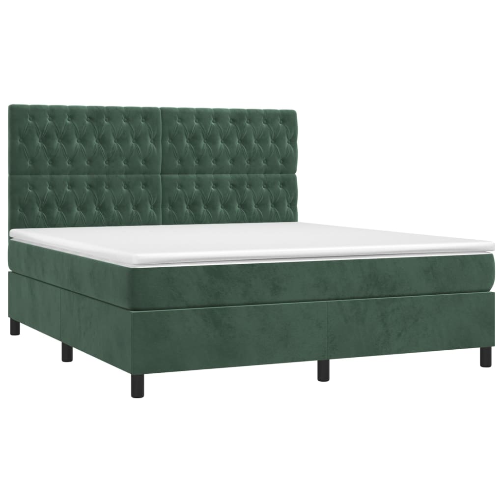 Cama box spring c/ colchão/LED 160x200 cm veludo verde-escuro