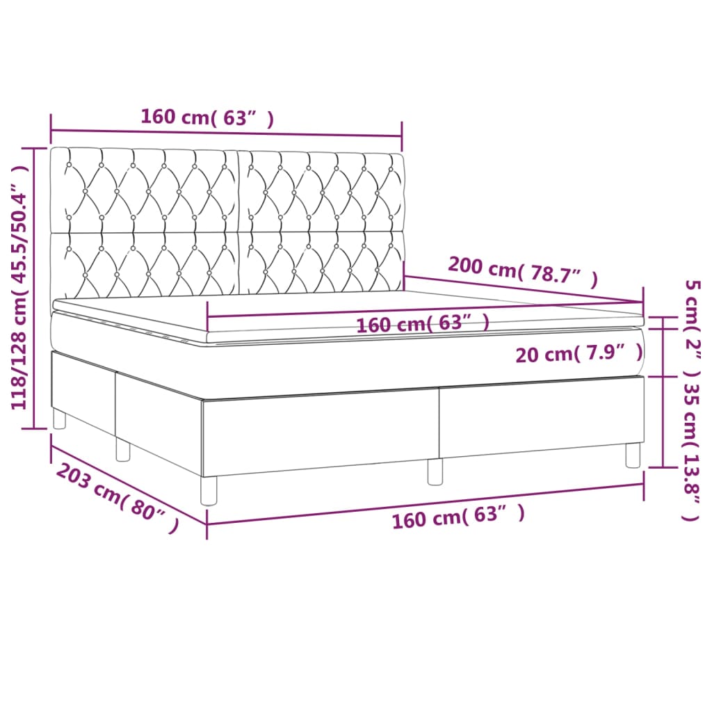 Cama box spring c/ colchão/LED 160x200 cm veludo verde-escuro