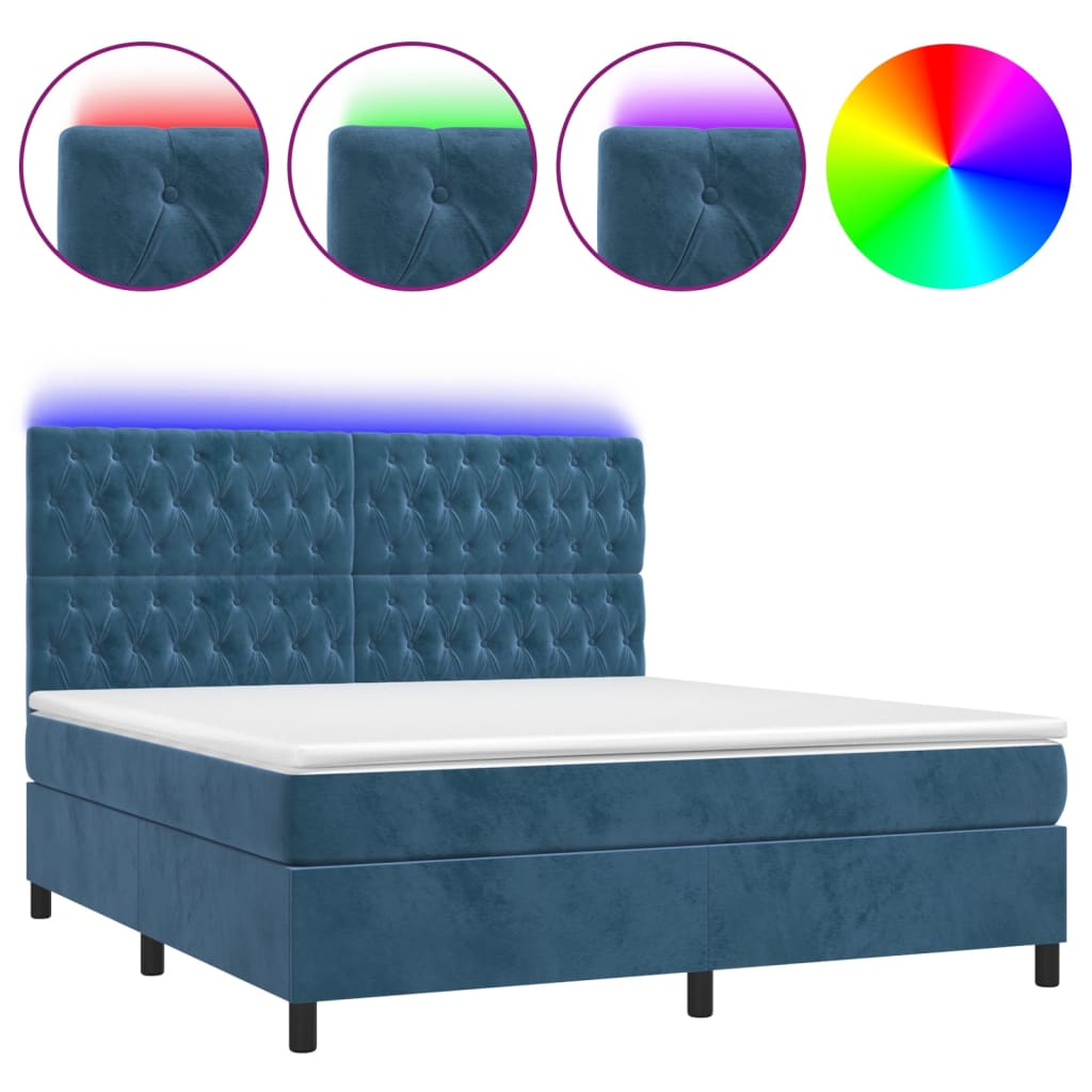 Cama box spring c/ colchão/LED 160x200 cm veludo azul-escuro