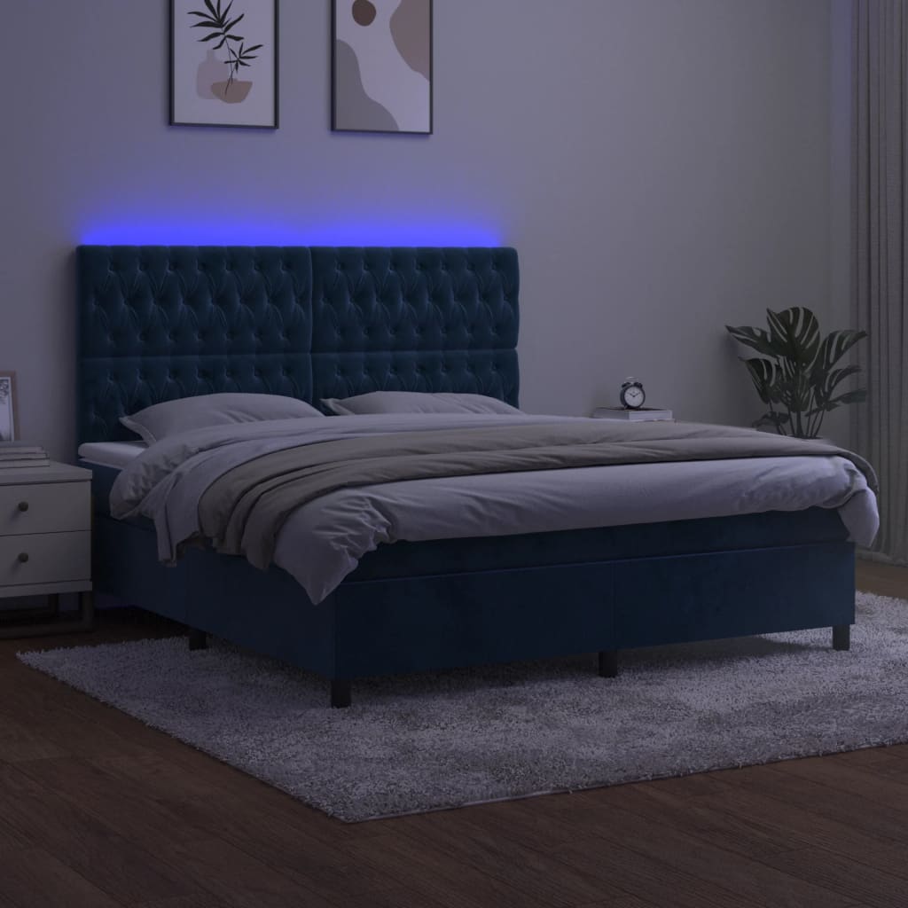 Cama box spring c/ colchão/LED 160x200 cm veludo azul-escuro