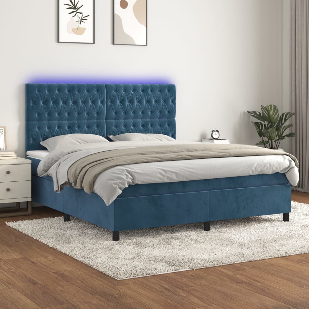 Cama box spring c/ colchão/LED 180x200 cm veludo azul-escuro