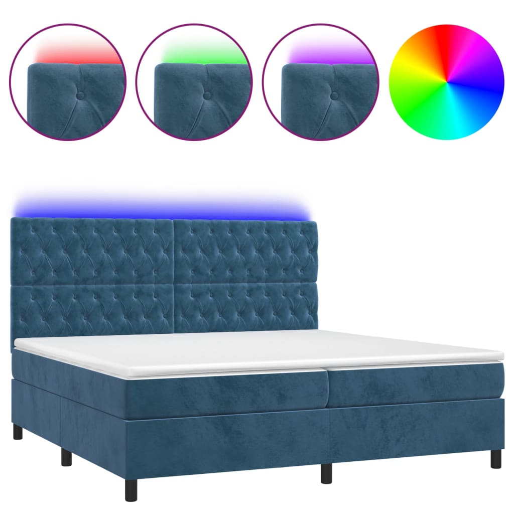 Cama box spring c/ colchão/LED 200x200 cm veludo azul-escuro