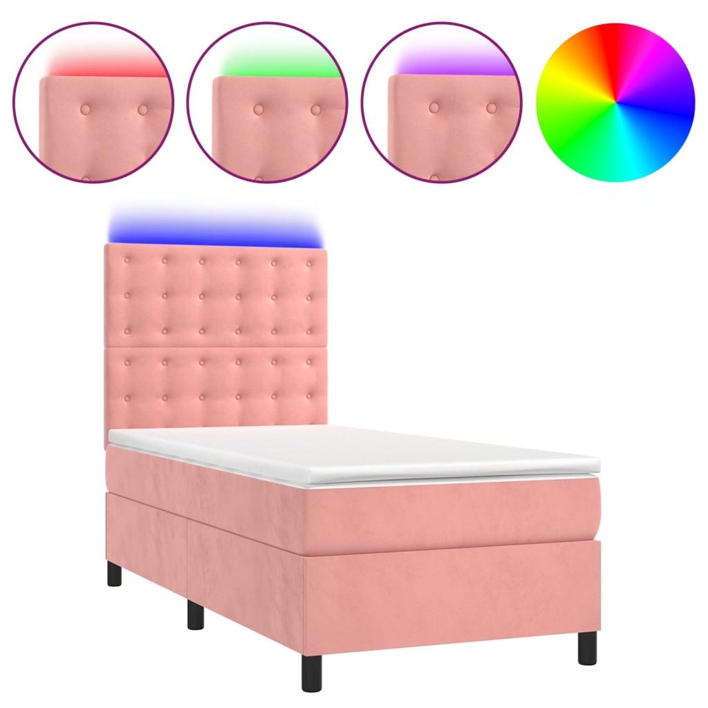 Cama box spring c/ colchão/LED 90x190 cm veludo rosa