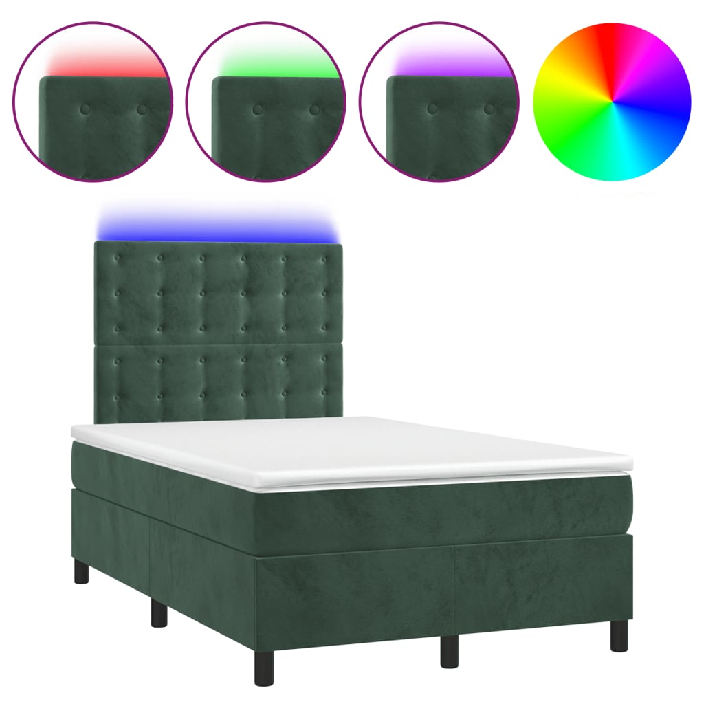 Cama box spring c/ colchão/LED 120x200 cm veludo verde-escuro