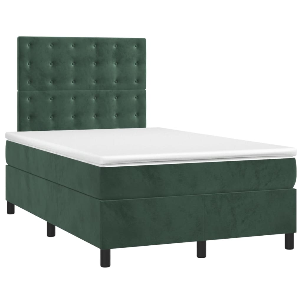 Cama box spring c/ colchão/LED 120x200 cm veludo verde-escuro