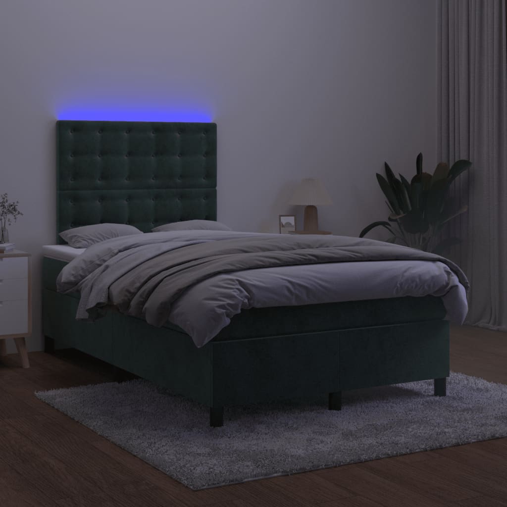 Cama box spring c/ colchão/LED 120x200 cm veludo verde-escuro