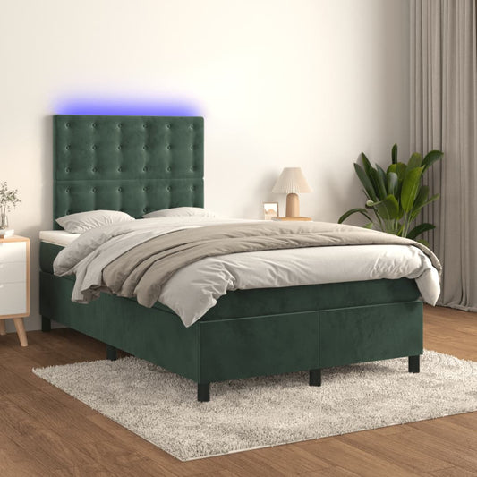 Cama box spring c/ colchão/LED 120x200 cm veludo verde-escuro