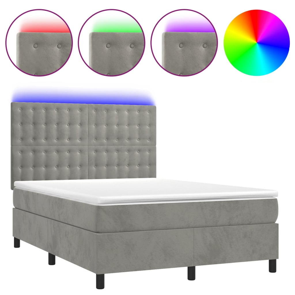 Cama box spring c/ colchão/LED 140x190 cm veludo cinzento