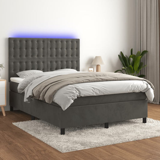 Cama box spring c/ colchão/LED 140x190cm veludo cinzento-escuro