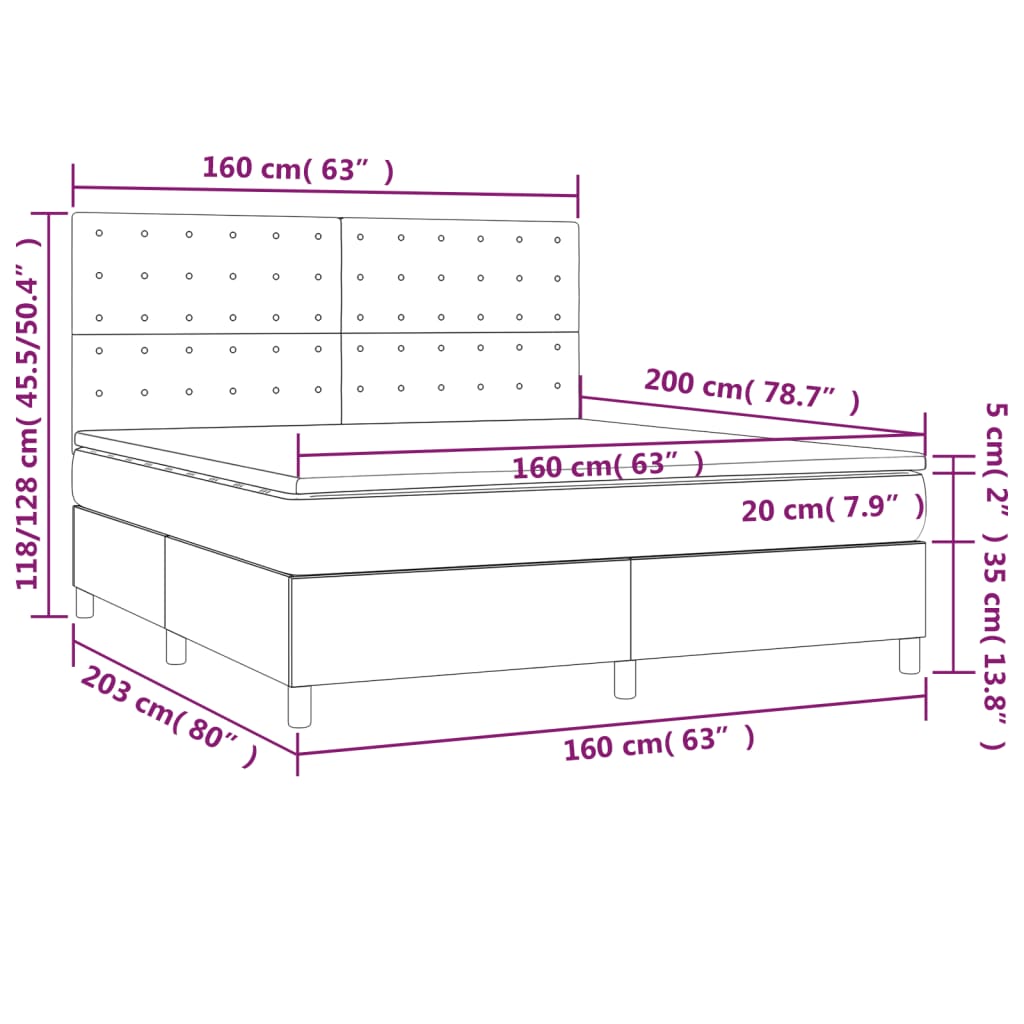 Cama box spring c/ colchão/LED 160x200 cm veludo verde-escuro