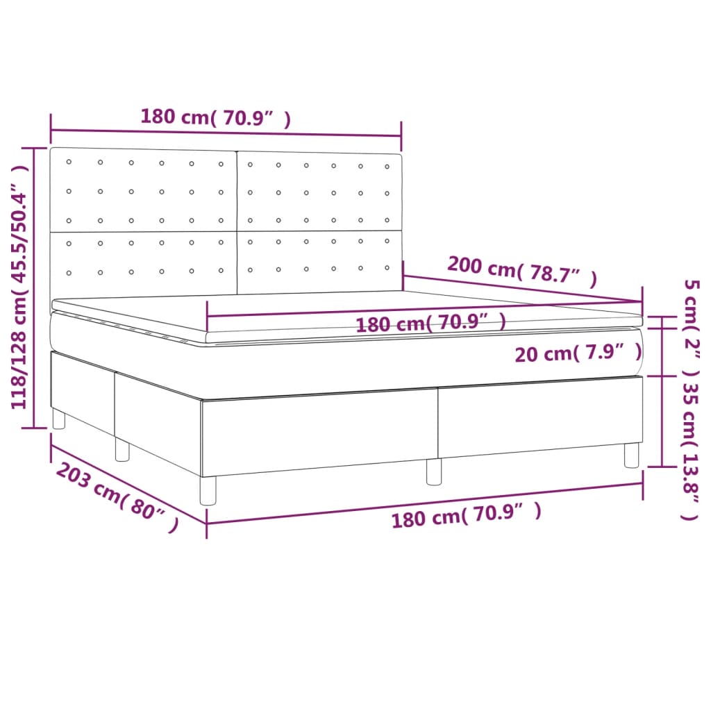 Cama box spring c/ colchão/LED 180x200 cm veludo cinzento-claro