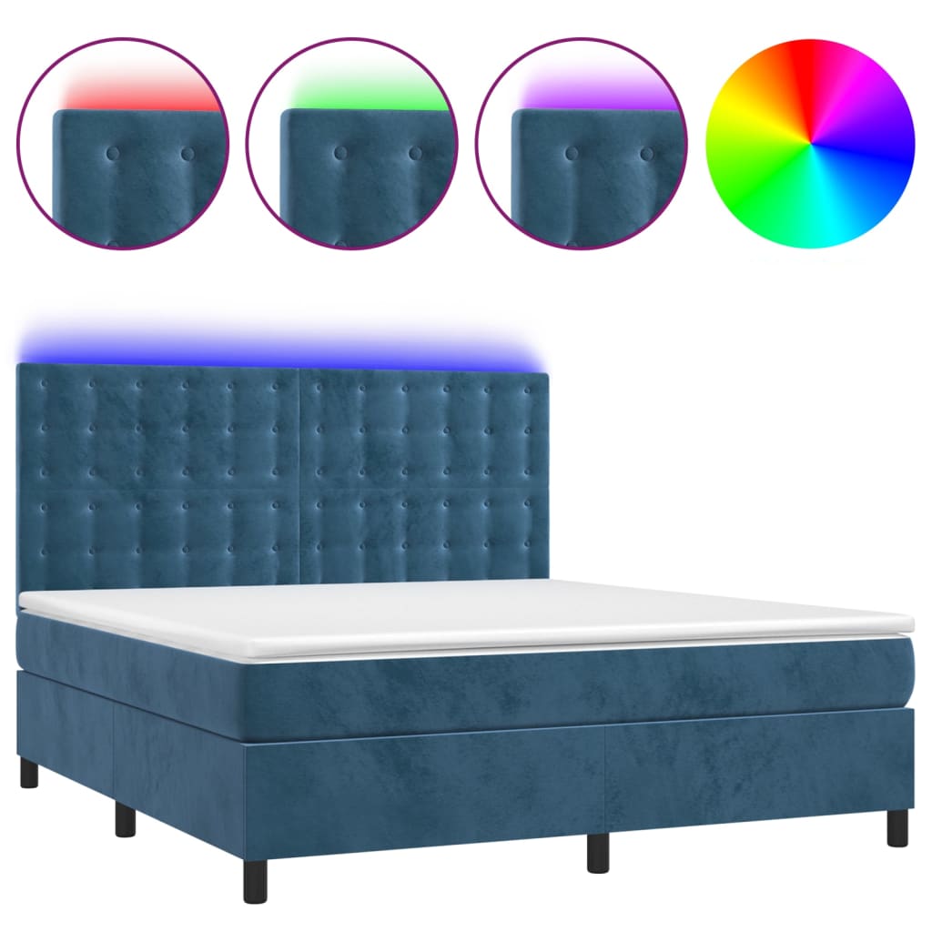 Cama box spring c/ colchão/LED 180x200 cm veludo azul-escuro