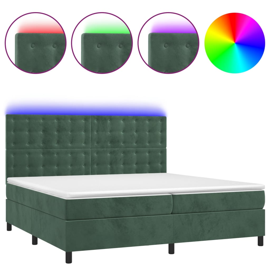 Cama box spring c/ colchão/LED 200x200 cm veludo verde-escuro