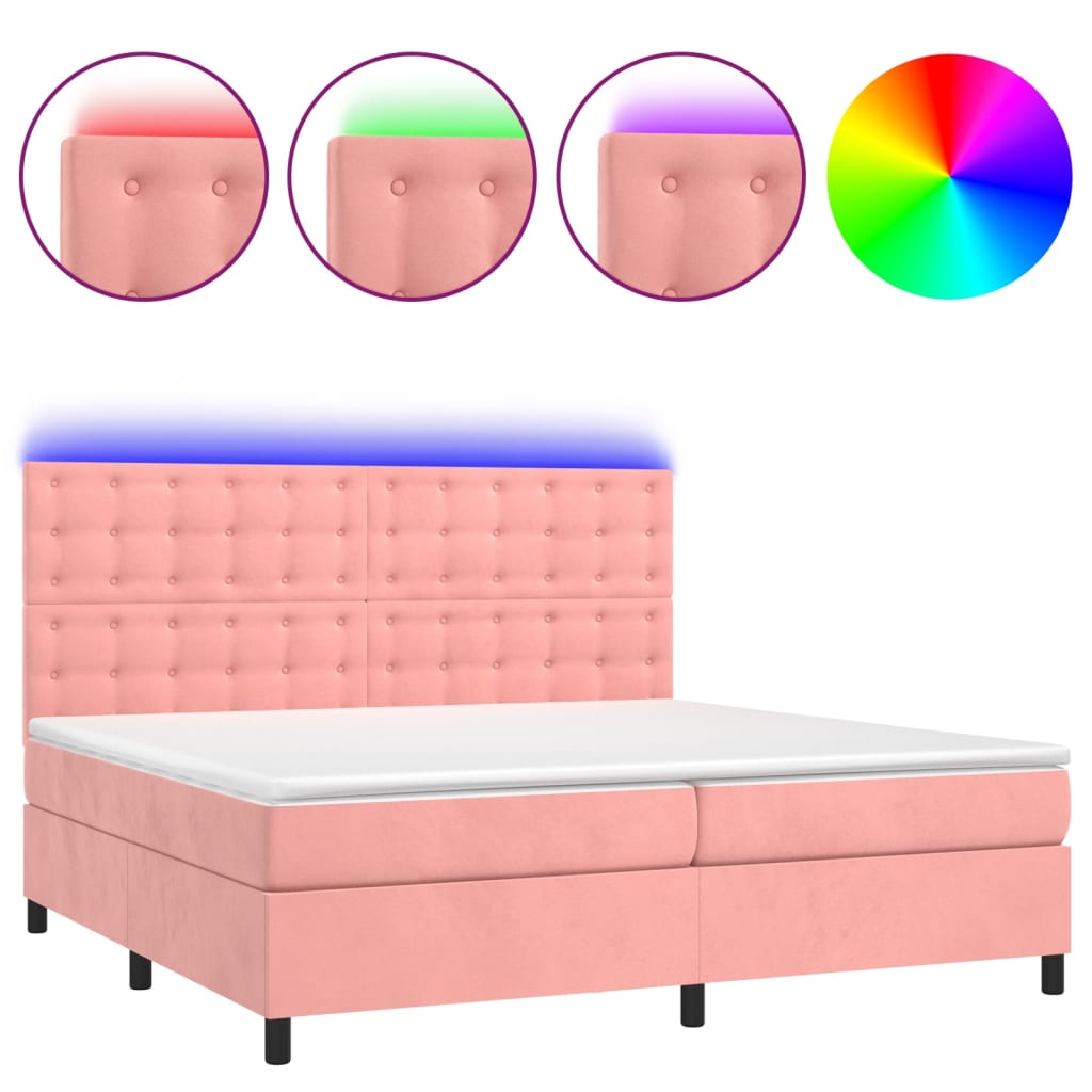 Cama box spring c/ colchão/LED 200x200 cm veludo rosa