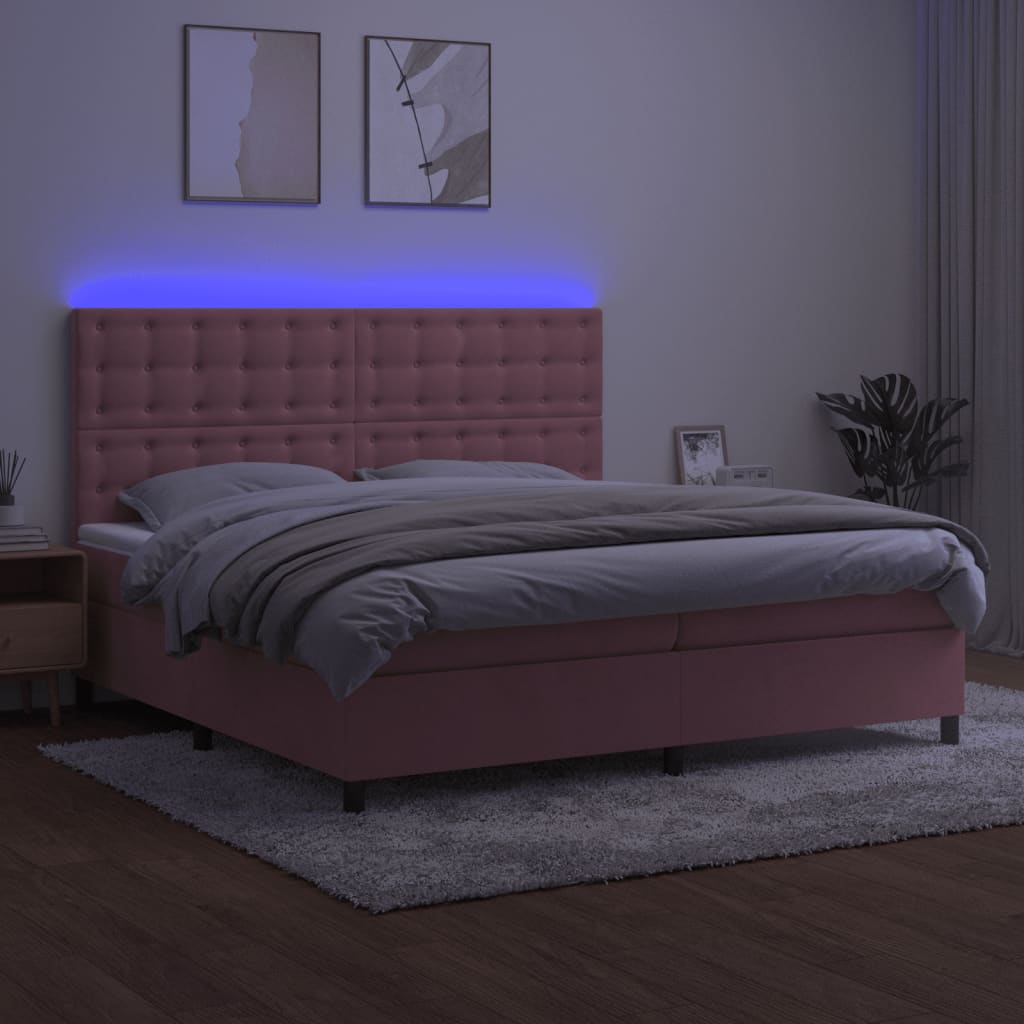 Cama box spring c/ colchão/LED 200x200 cm veludo rosa