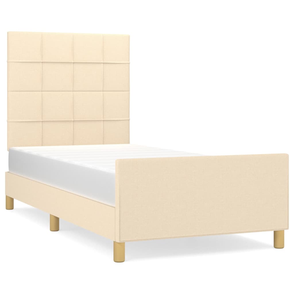 Estrutura de cama c/ cabeceira tecido cor creme 90x190 cm