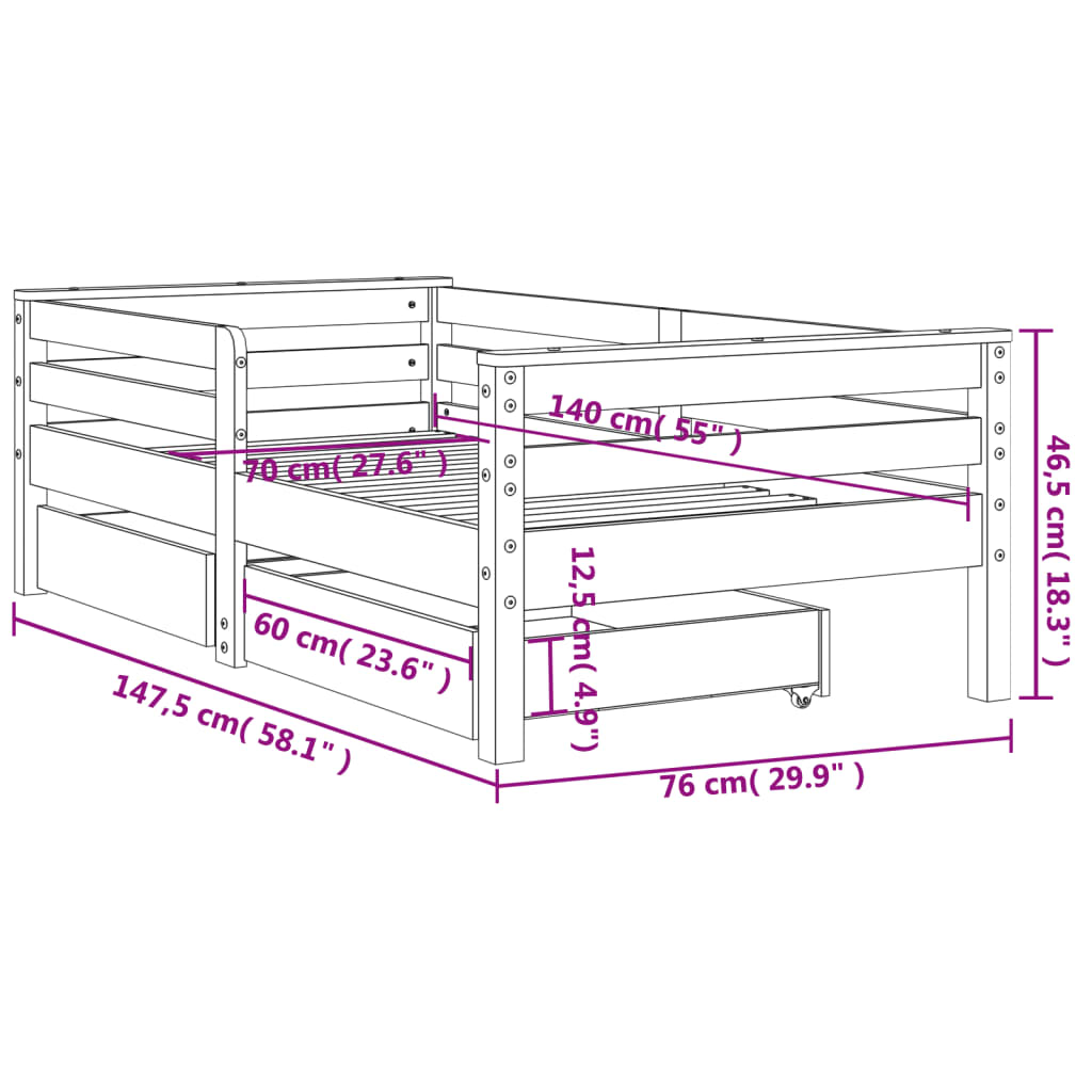 Estrutura de cama infantil c/ gavetas 70x140 cm pinho maciço