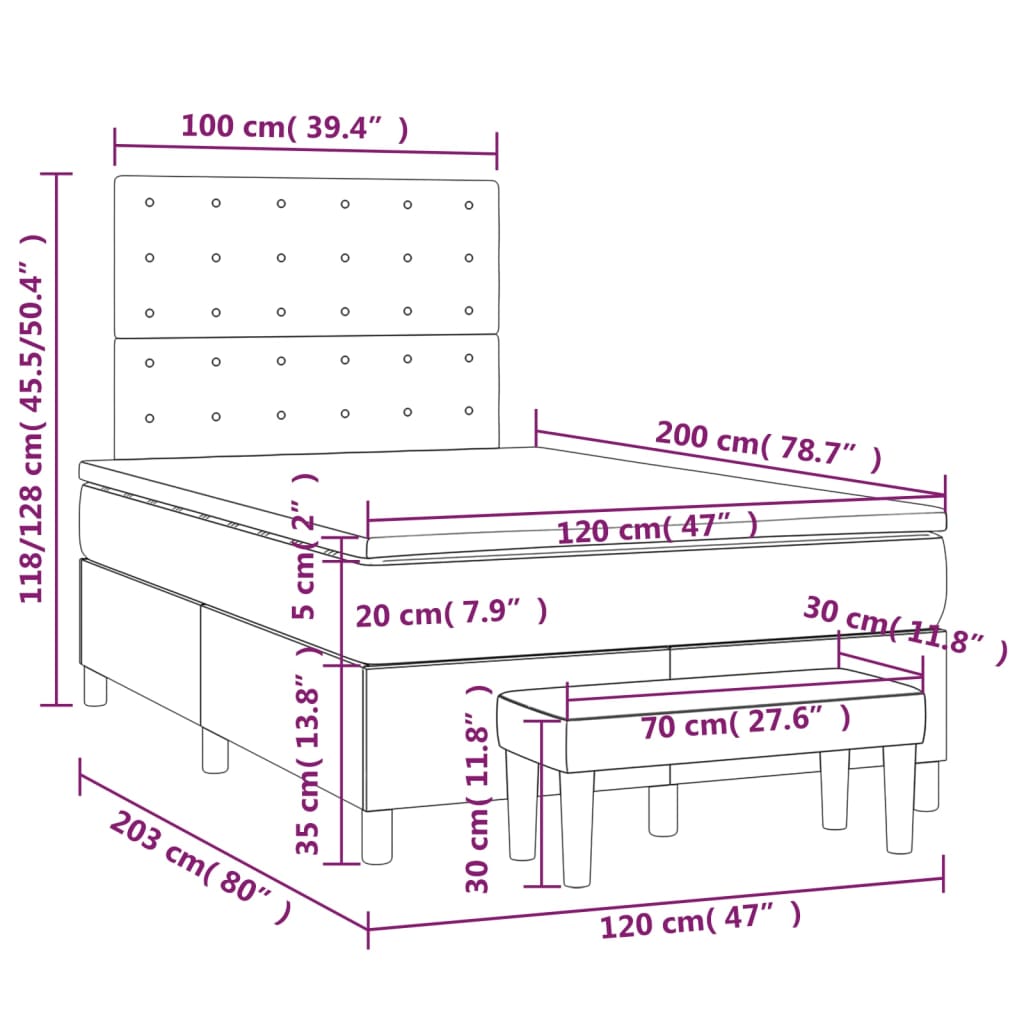 Cama boxspring com colchão 120x200 cm veludo azul-escuro