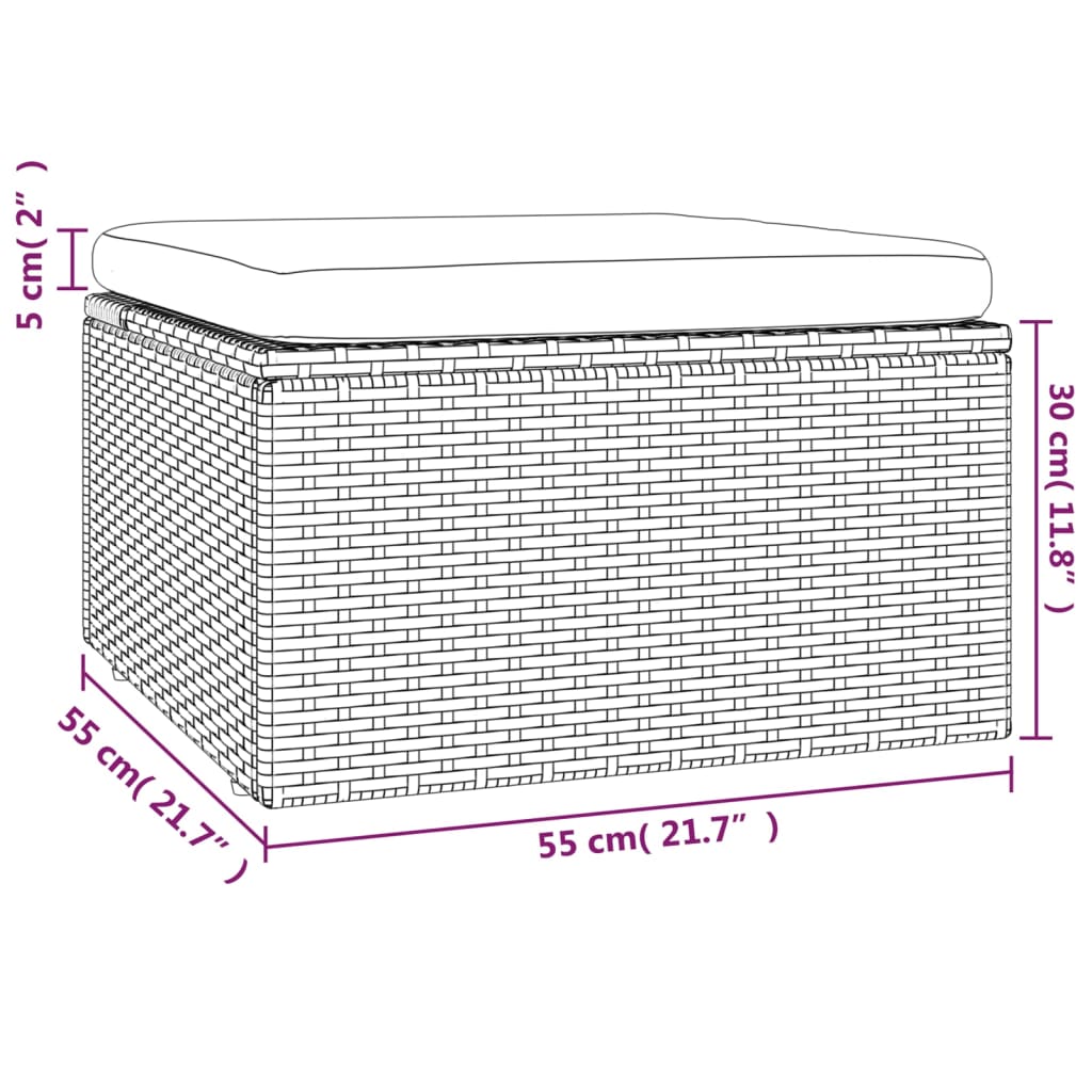 Apoio de pés p/ jardim com almofadão 55x55x30 cm vime PE cinza