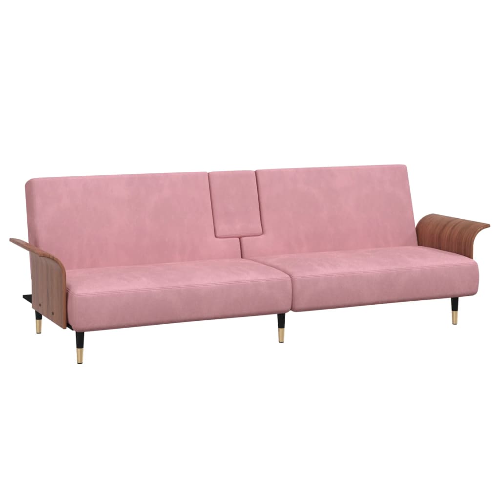 Sofá-cama com suporte para copos veludo rosa