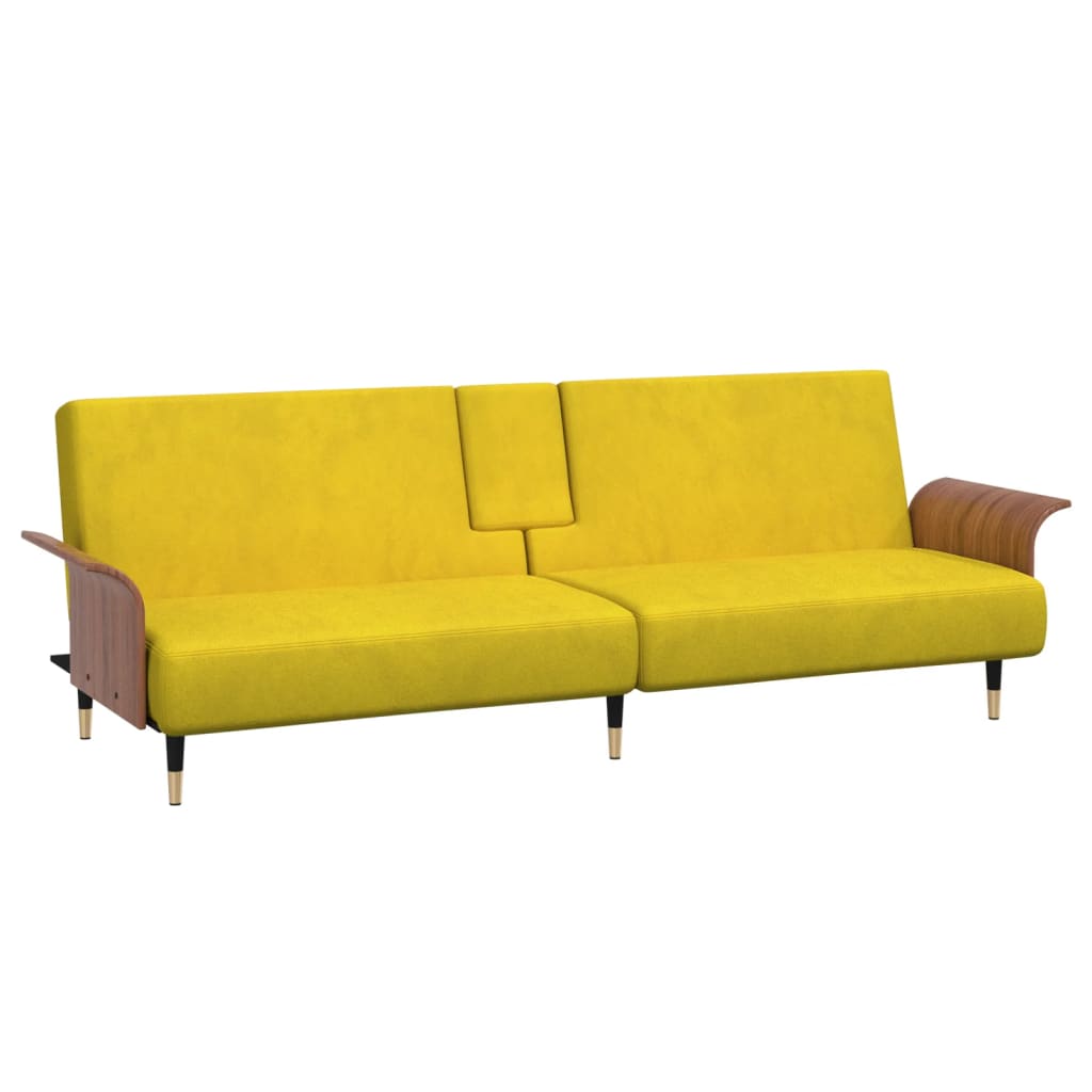 Sofá-cama com suporte para copos veludo amarelo