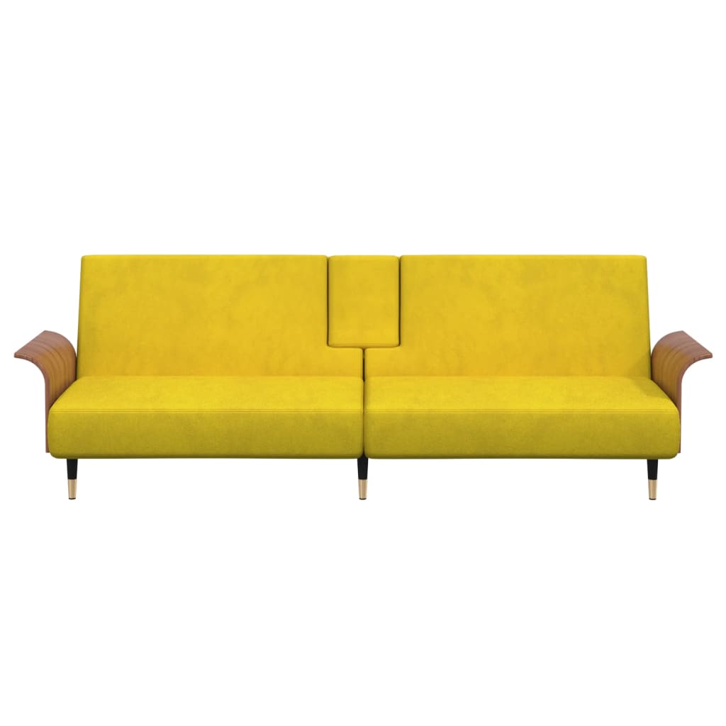 Sofá-cama com suporte para copos veludo amarelo