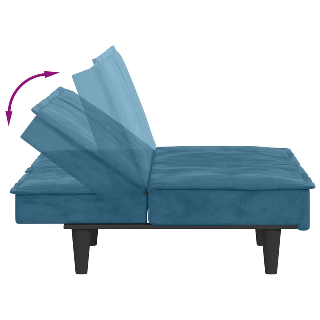 Sofá-cama com suporte para copos veludo azul