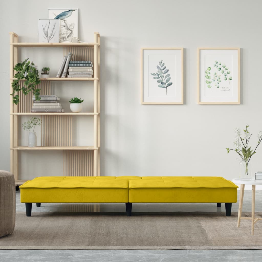 Sofá-cama com suporte para copos veludo amarelo