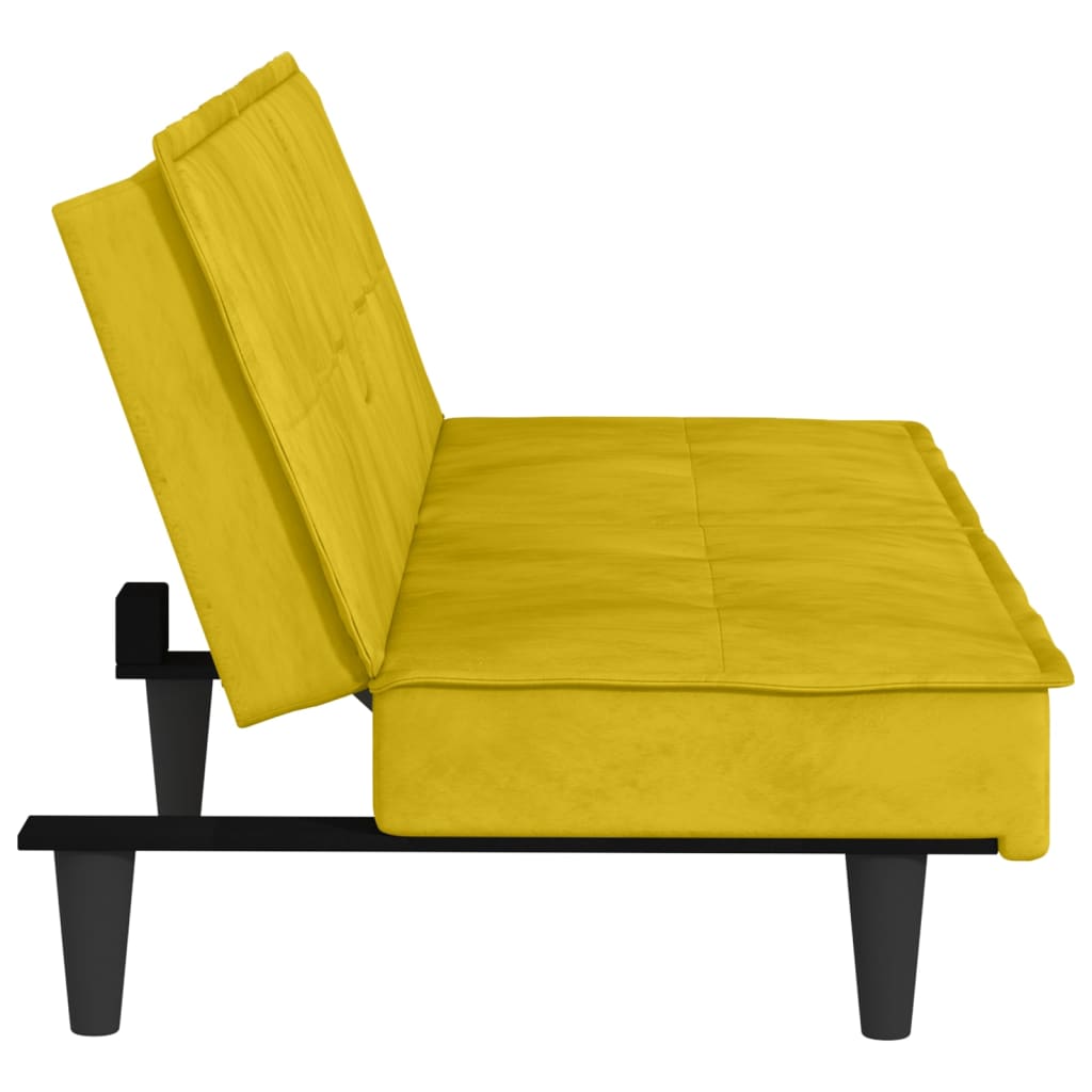 Sofá-cama com suporte para copos veludo amarelo