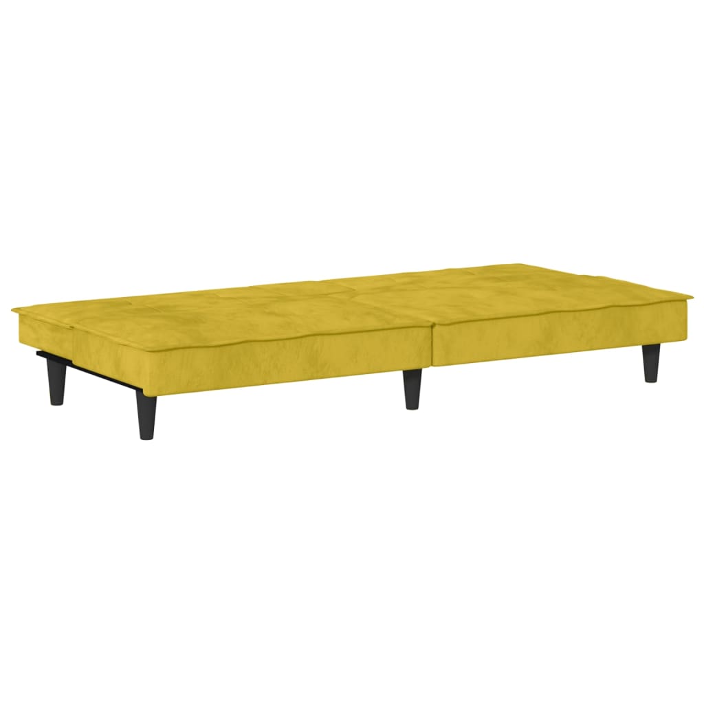 Sofá-cama com suporte para copos veludo amarelo