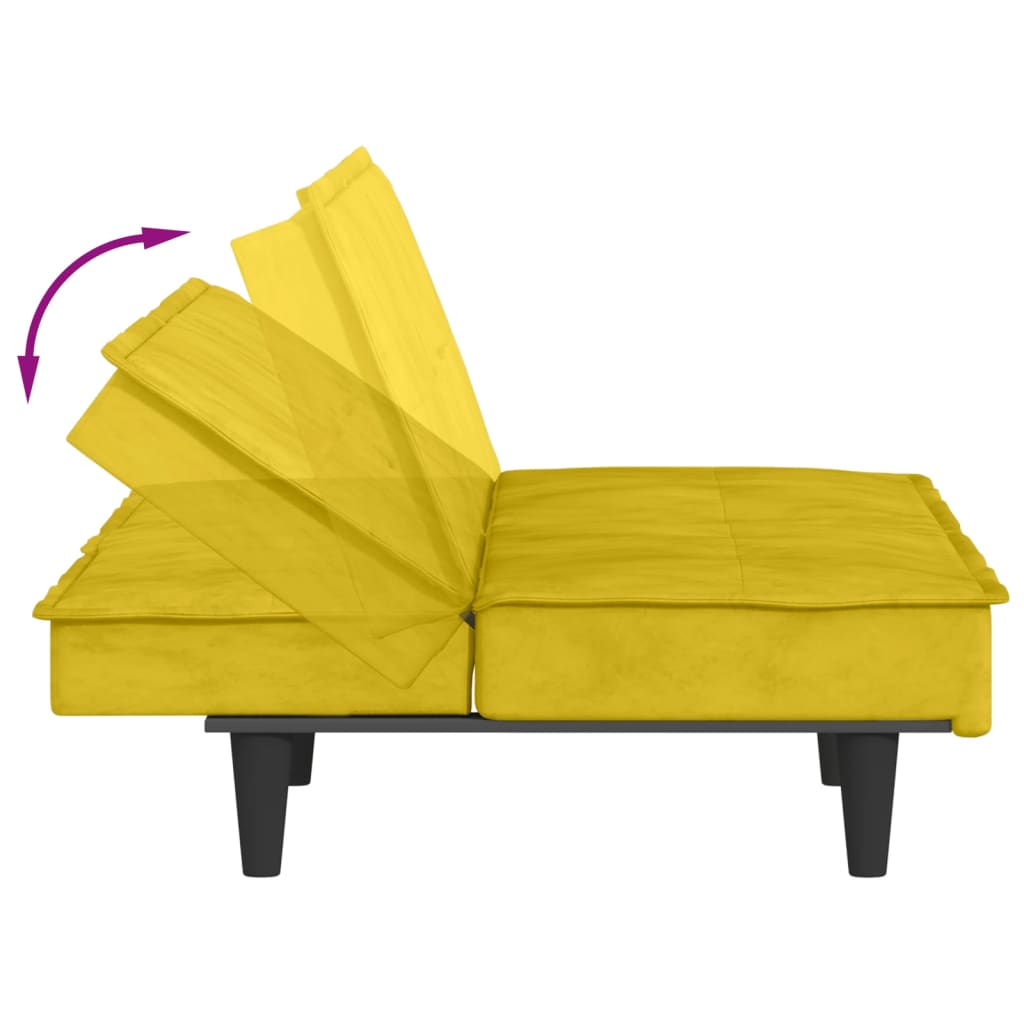 Sofá-cama com suporte para copos veludo amarelo