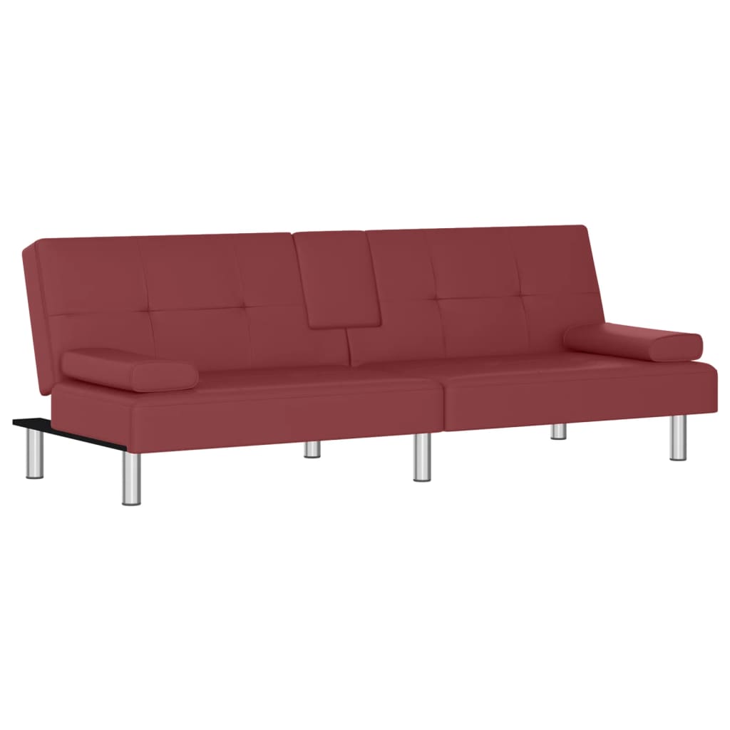 Sofá-cama com suporte p/ copos couro artificial vermelho tinto