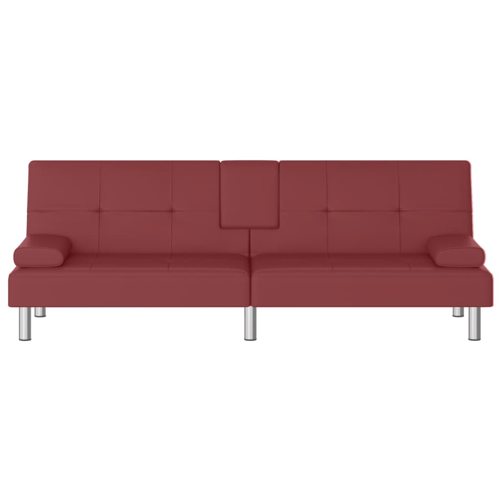 Sofá-cama com suporte p/ copos couro artificial vermelho tinto