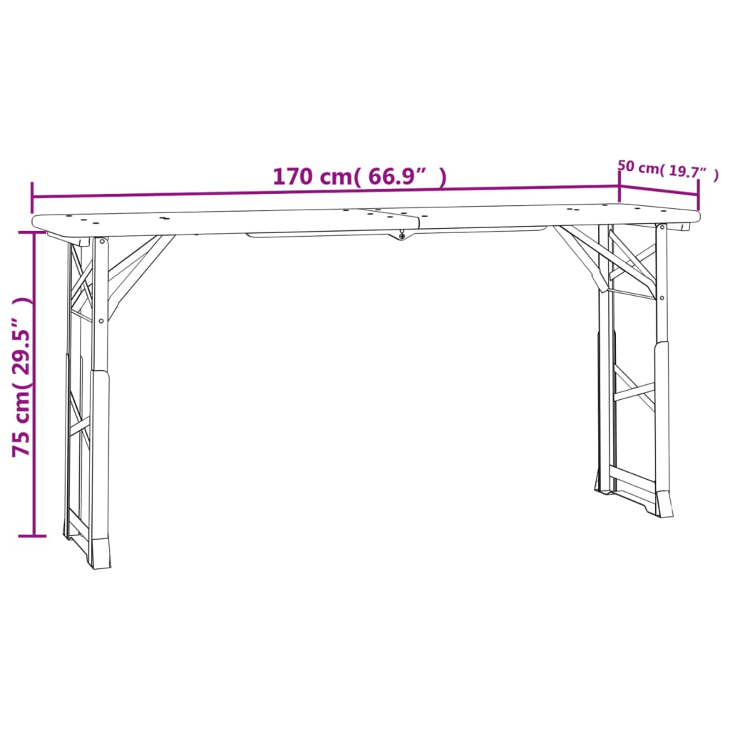 Mesa de cerveja dobrável 170x50x75/105 cm madeira abeto maciça