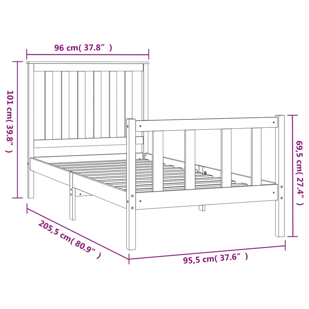 Estrutura de cama com cabeceira 90x200 cm pinho maciço cinzento