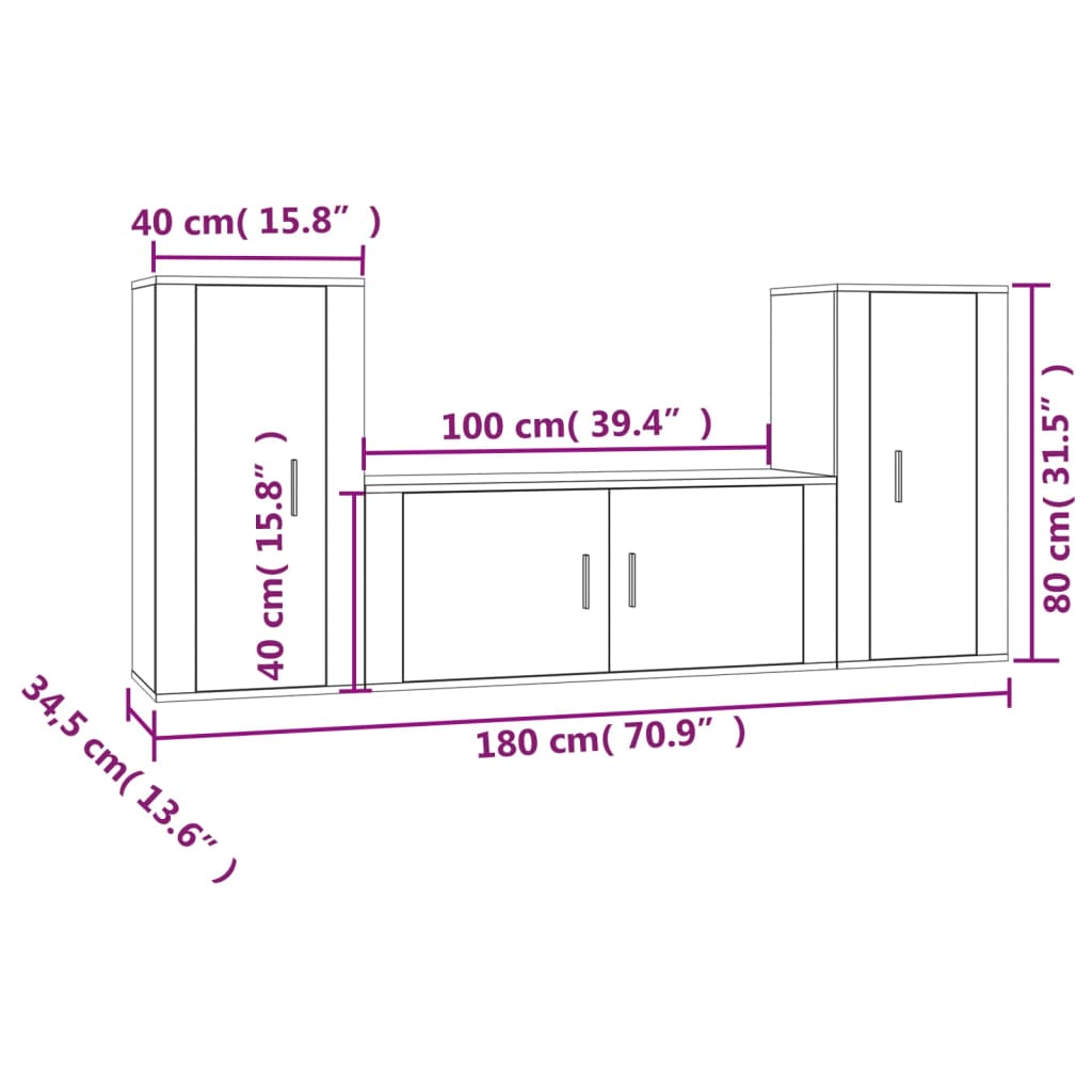 Conjunto móveis de TV 3 pcs madeira processada preto