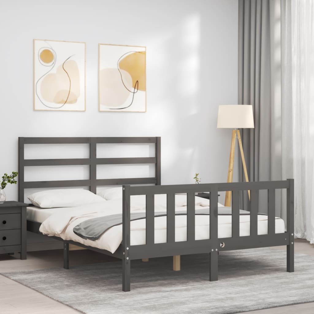 Estrutura de cama com cabeceira 140x190 cm madeira maciça cinza