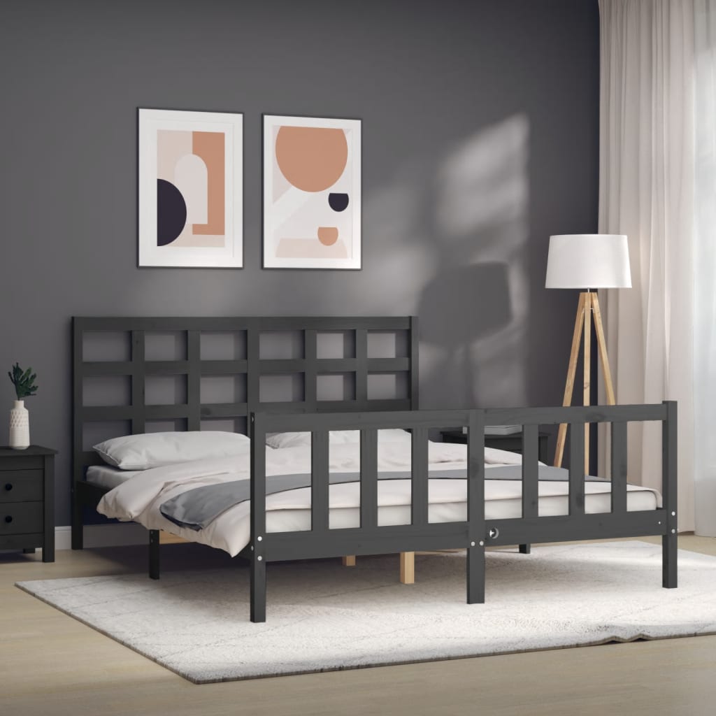 Estrutura de cama com cabeceira 160x200 cm madeira maciça cinza