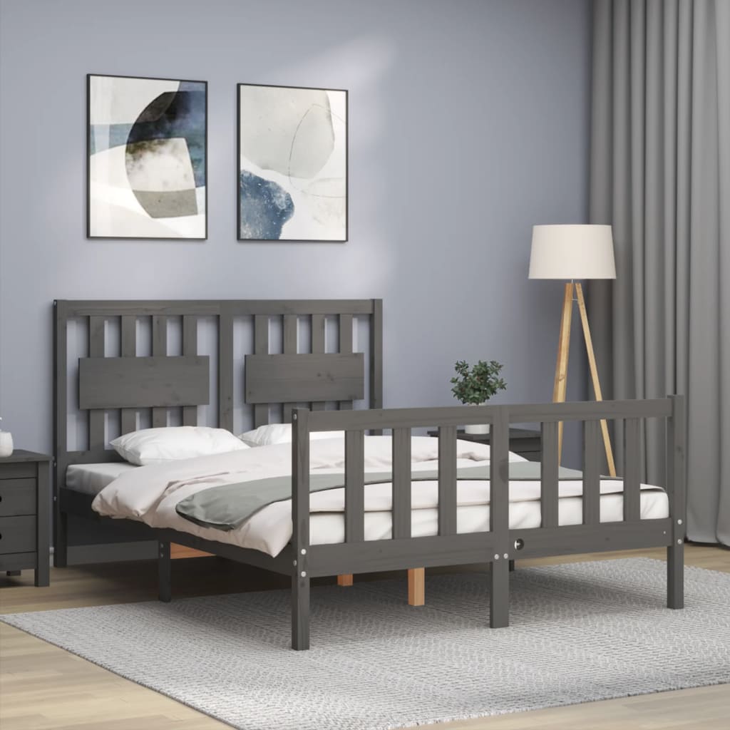 Estrutura de cama com cabeceira 140x190 cm madeira maciça cinza