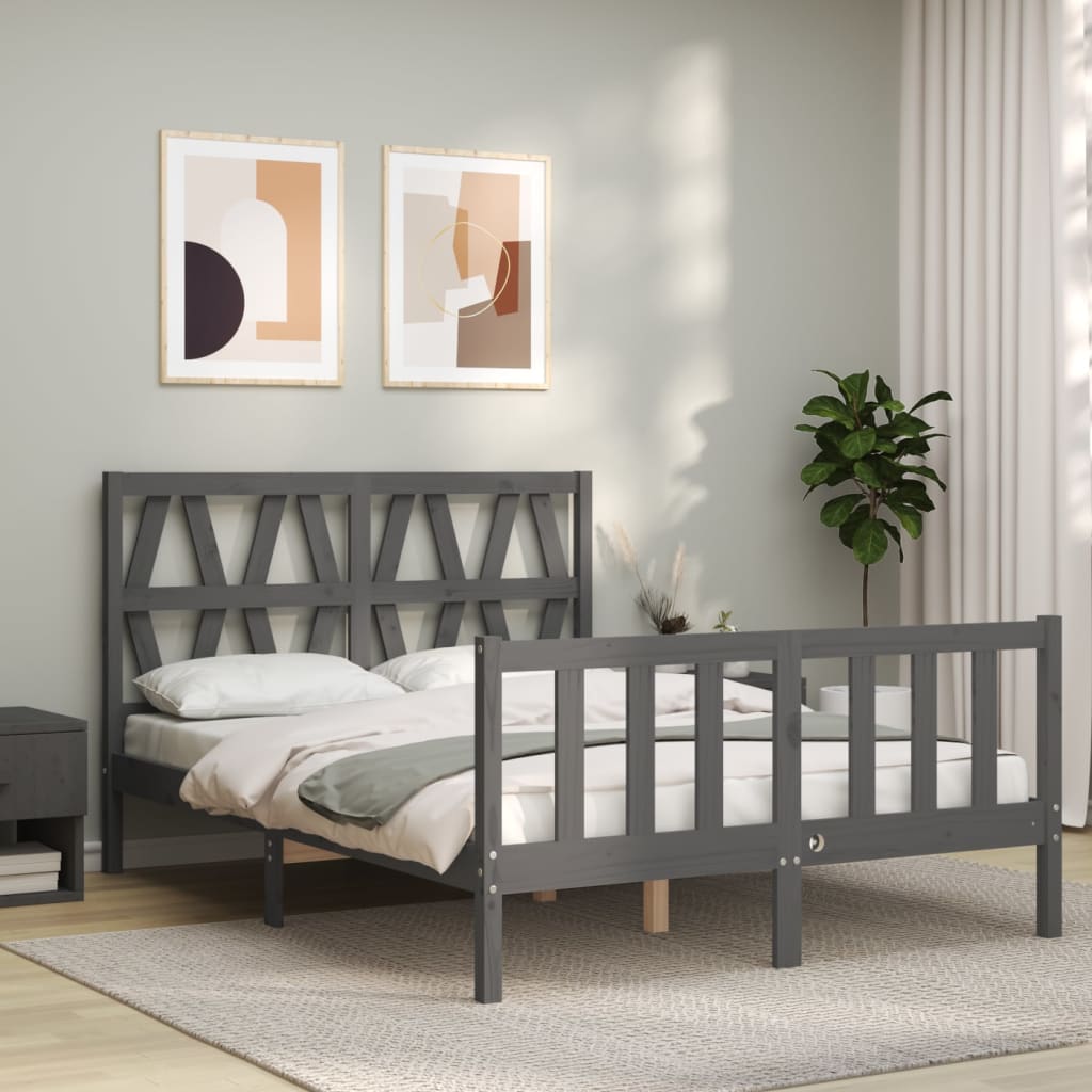 Estrutura de cama com cabeceira 140x190 cm madeira maciça cinza