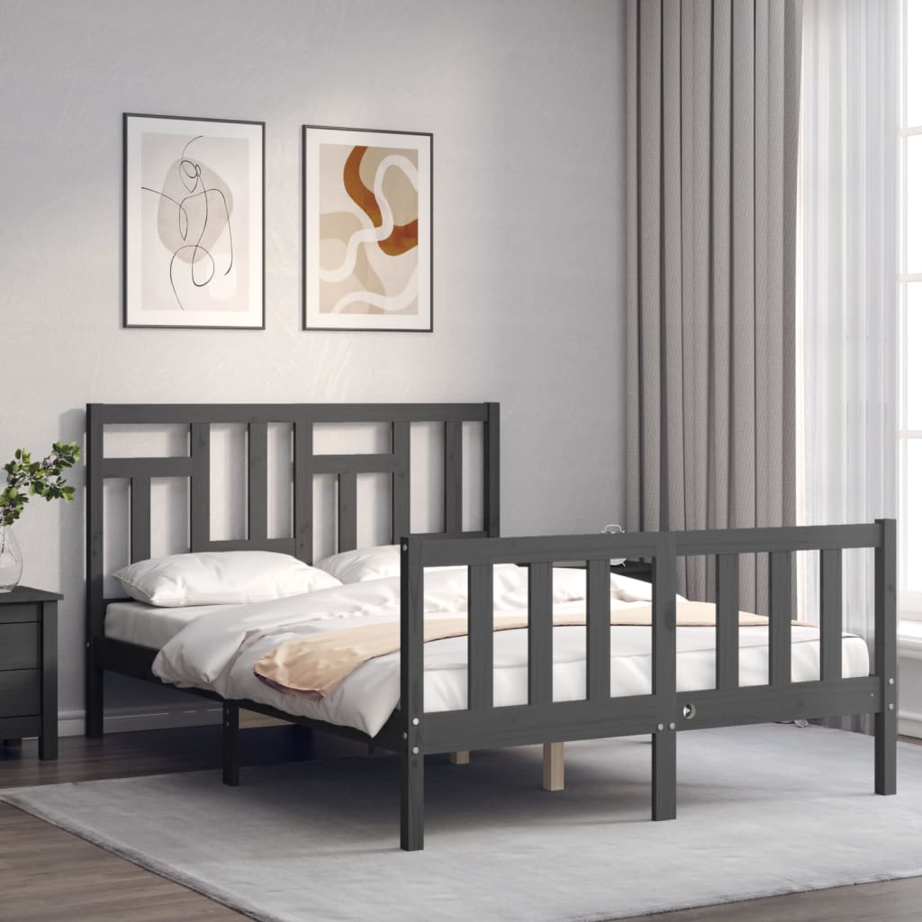 Estrutura de cama com cabeceira 140x190 cm madeira maciça cinza