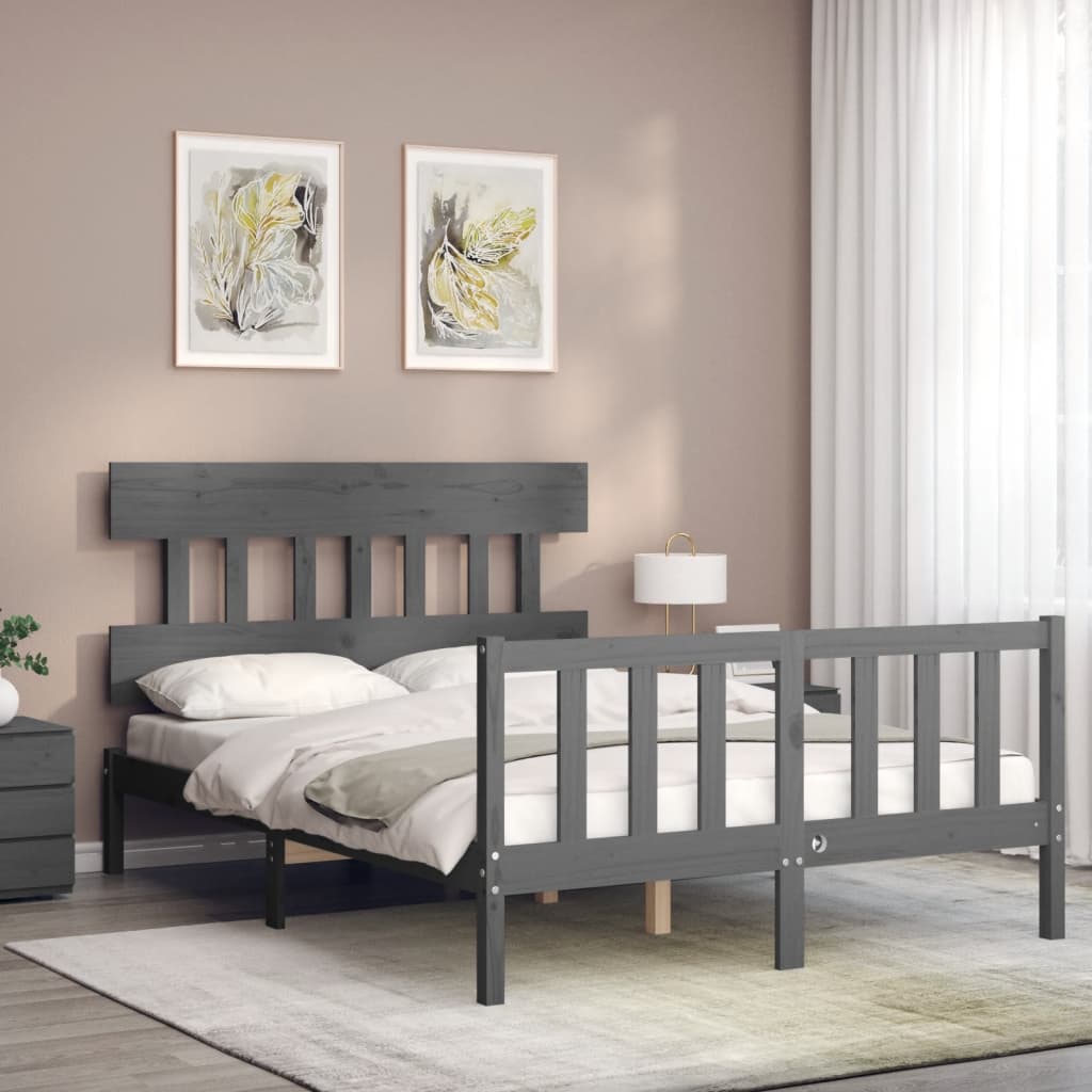 Estrutura de cama com cabeceira 140x190 cm madeira maciça cinza