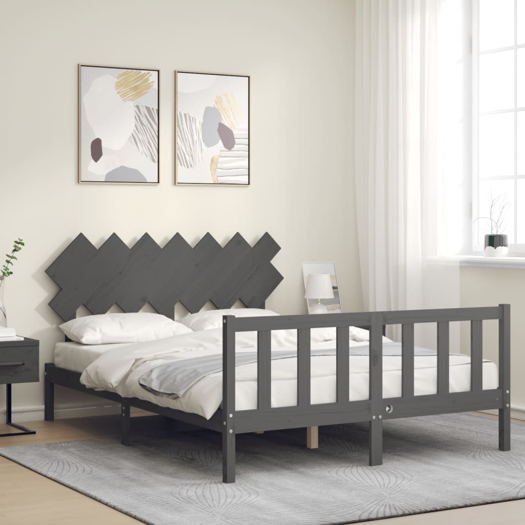 Estrutura de cama com cabeceira 140x190 cm madeira maciça cinza