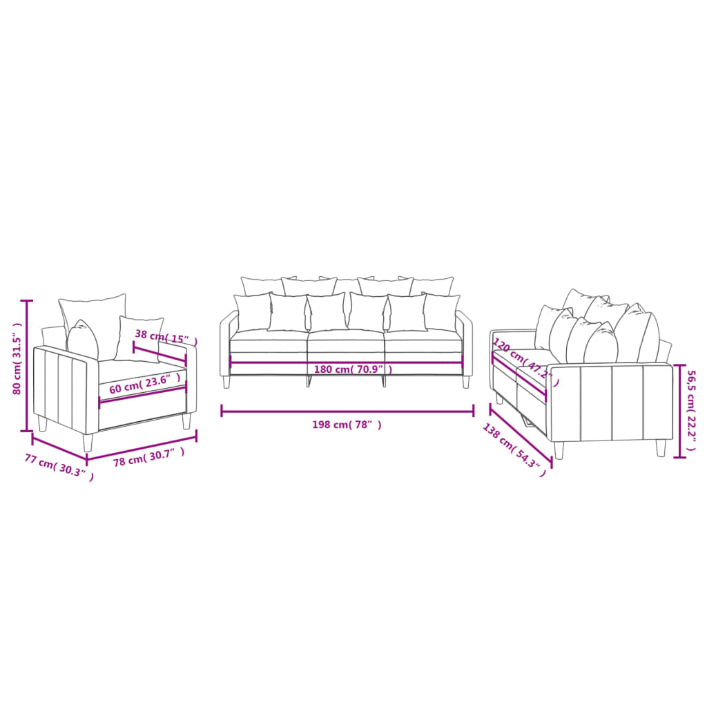 3 pcs conjunto de sofás com almofadões veludo castanho