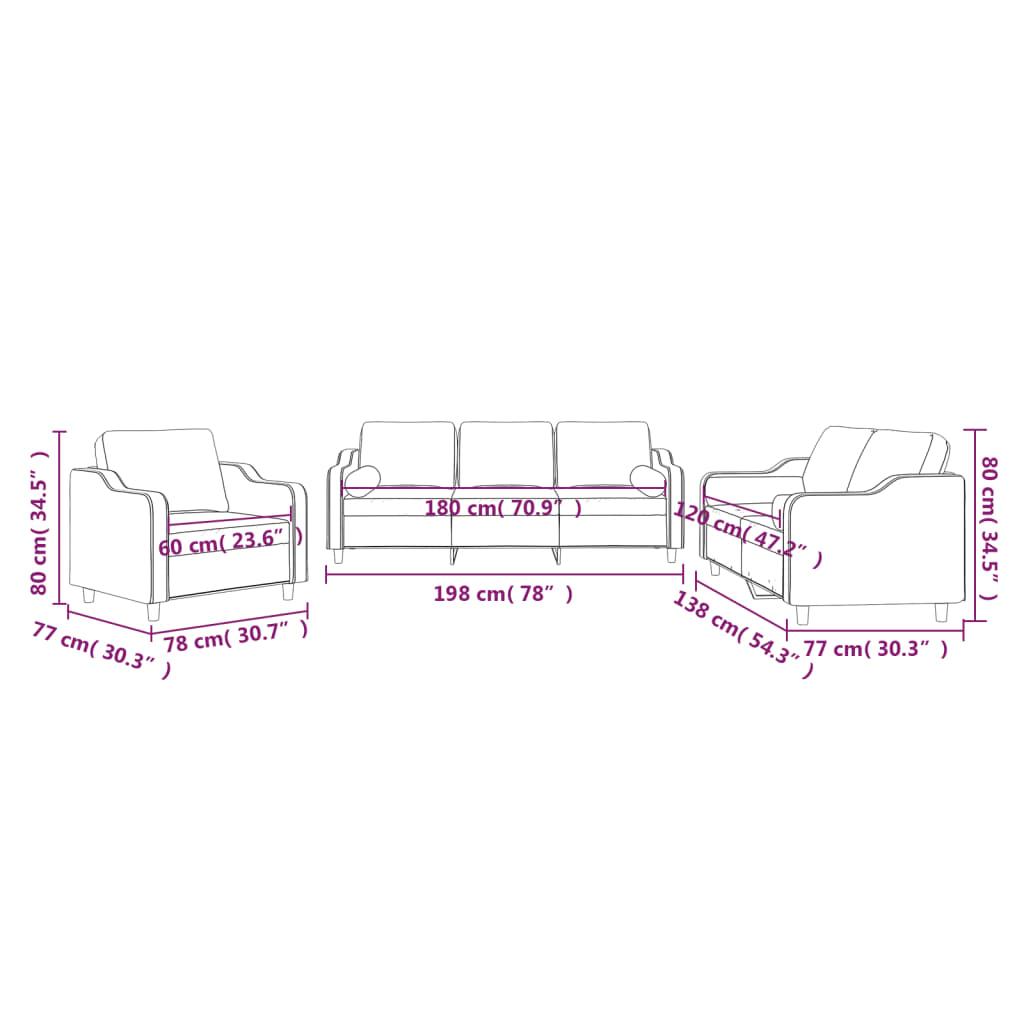 3 pcs conjunto de sofás com almofadas tecido cinza-acastanhado