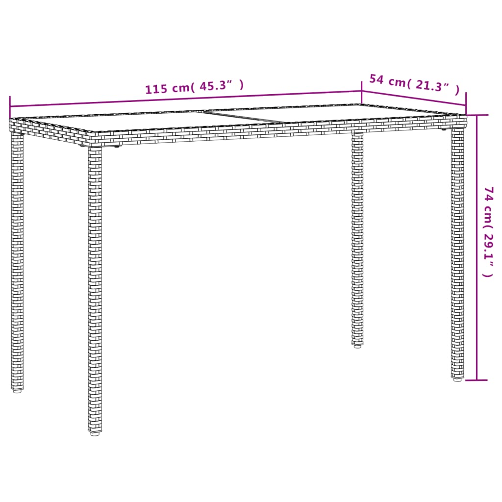 Mesa de jardim com tampo de vidro 115x54x74 cm vime PE castanho