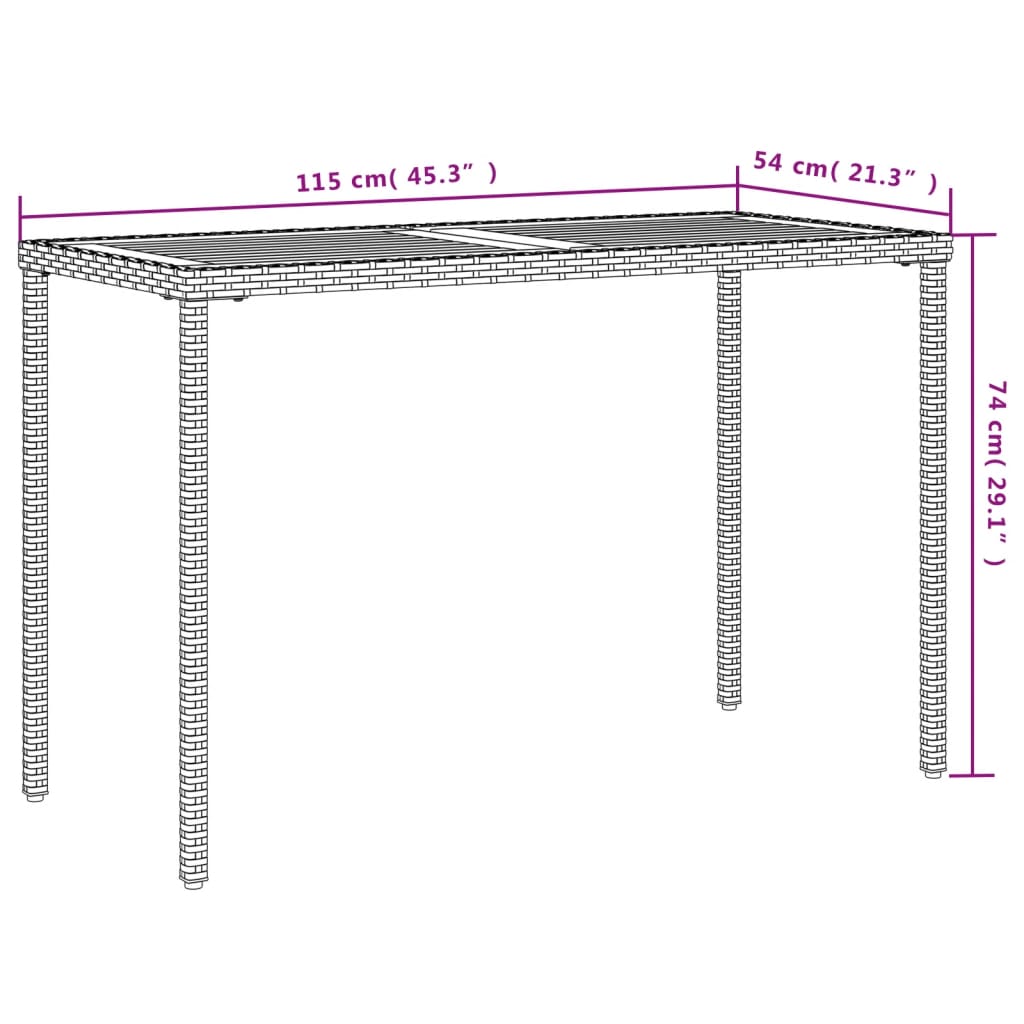 Mesa de jardim com tampo em acácia 115x54x74 cm vime PE cinza