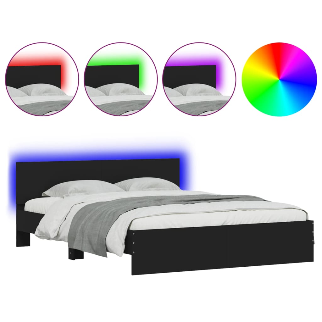 Estrutura de cama com cabeceira e luzes LED 150x200 cm preto